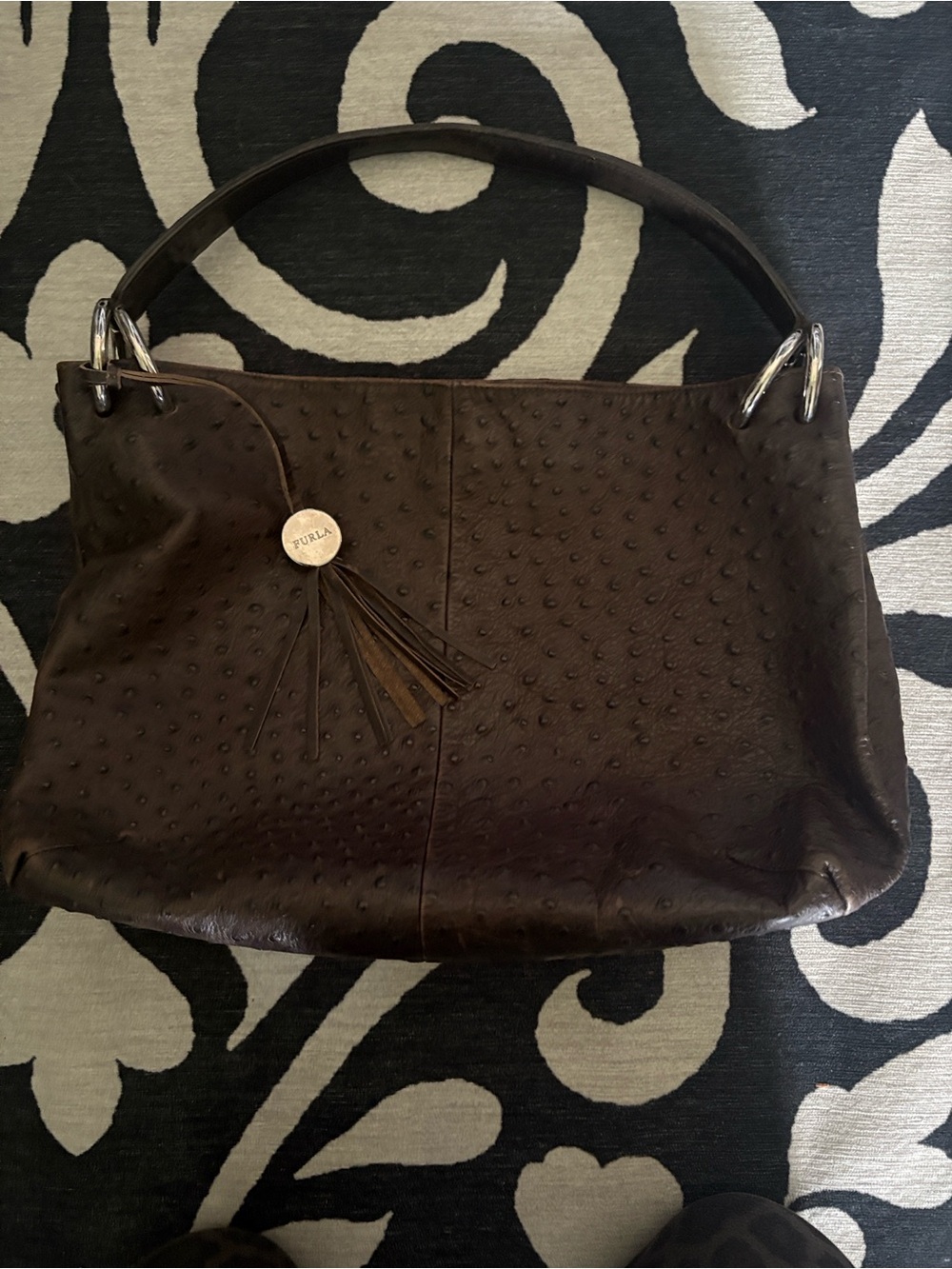 Furla Dark Brown Ostrich-Effect Shoulder Bag with Tassel